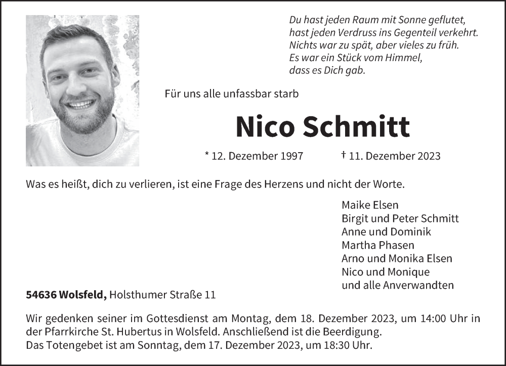  Traueranzeige für Nico Schmitt vom 14.12.2023 aus trierischer_volksfreund