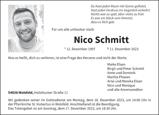 Traueranzeige von Nico Schmitt von trierischer_volksfreund