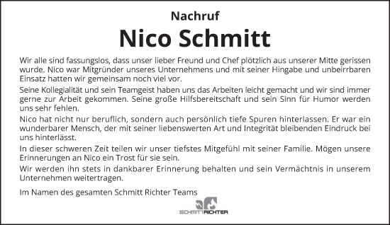 Traueranzeige von Nico Schmitt von trierischer_volksfreund