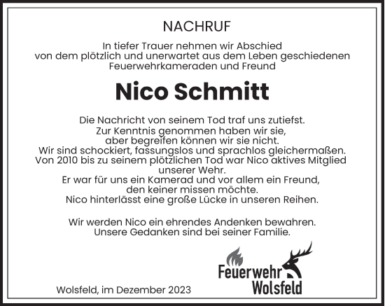 Traueranzeige von Nico Schmitt von trierischer_volksfreund
