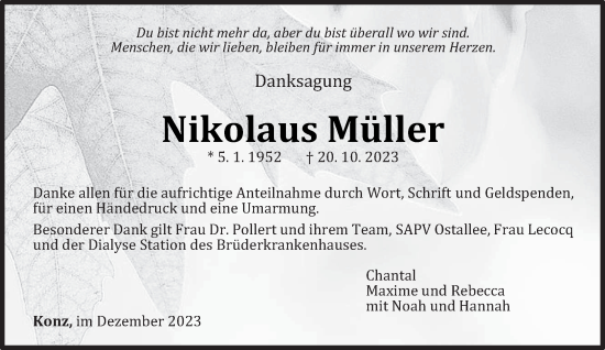 Traueranzeige von Nikolaus Müller von trierischer_volksfreund