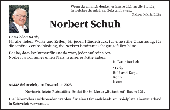 Traueranzeige von Norbert Schuh von trierischer_volksfreund