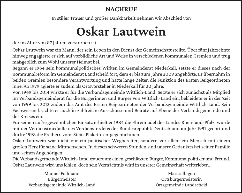  Traueranzeige für Oskar Lautwein vom 30.12.2023 aus trierischer_volksfreund