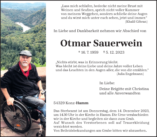 Traueranzeige von Otmar Sauerwein von trierischer_volksfreund