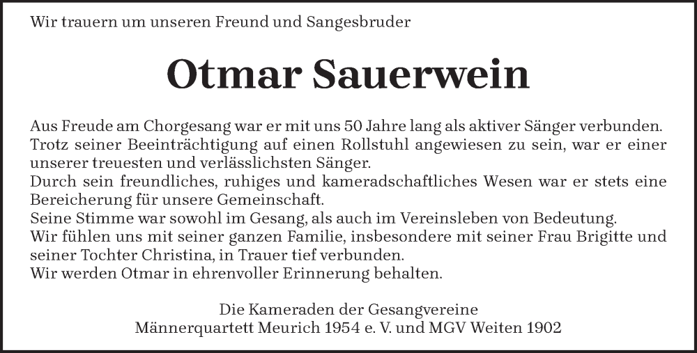  Traueranzeige für Otmar Sauerwein vom 12.12.2023 aus trierischer_volksfreund