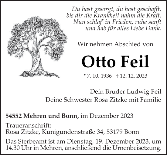 Traueranzeige von Otto Feil von trierischer_volksfreund