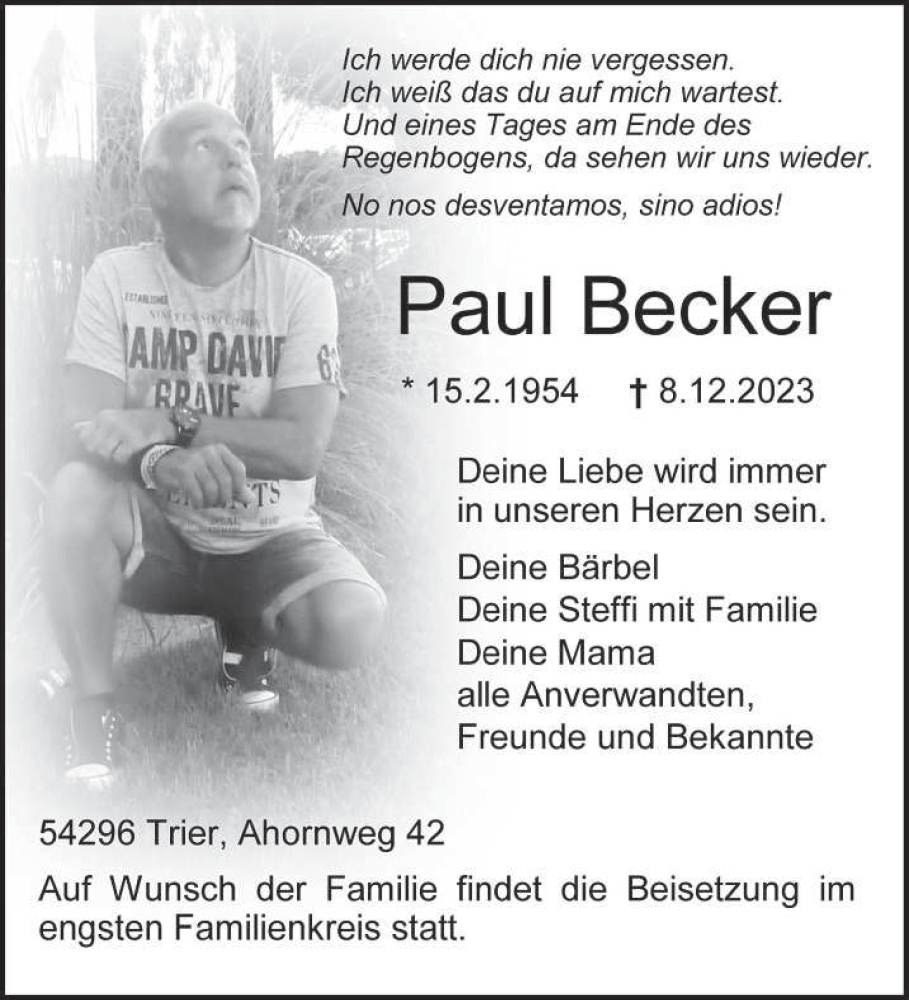  Traueranzeige für Paul Becker vom 20.12.2023 aus trierischer_volksfreund