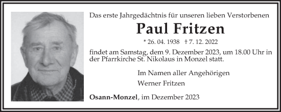 Traueranzeige von Paul Fritzen von trierischer_volksfreund