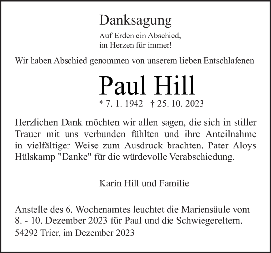 Traueranzeige von Paul Hill von trierischer_volksfreund