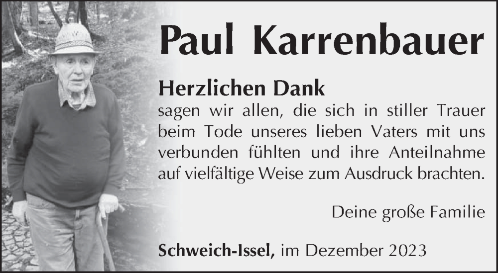  Traueranzeige für Paul Karrenbauer vom 23.12.2023 aus trierischer_volksfreund