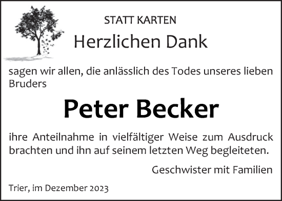 Traueranzeige von Peter Becker von trierischer_volksfreund