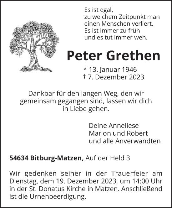 Traueranzeige von Peter Grethen von trierischer_volksfreund