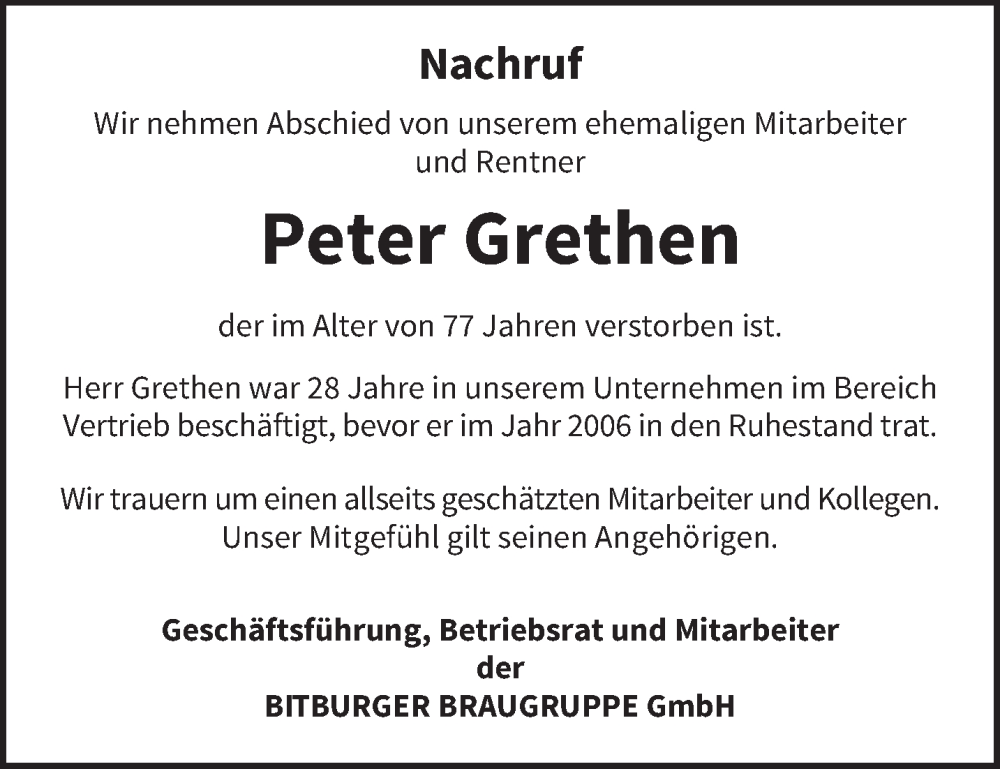  Traueranzeige für Peter Grethen vom 13.12.2023 aus trierischer_volksfreund