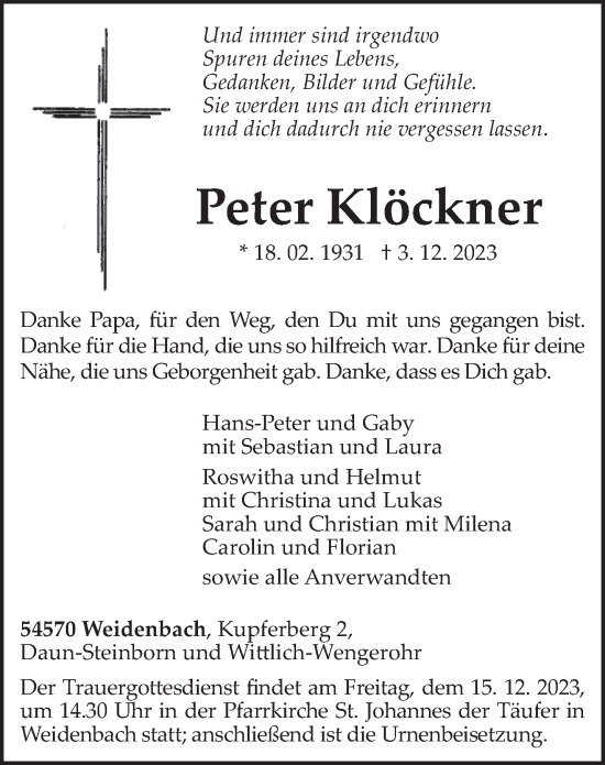 Traueranzeige von Peter Klöckner von trierischer_volksfreund