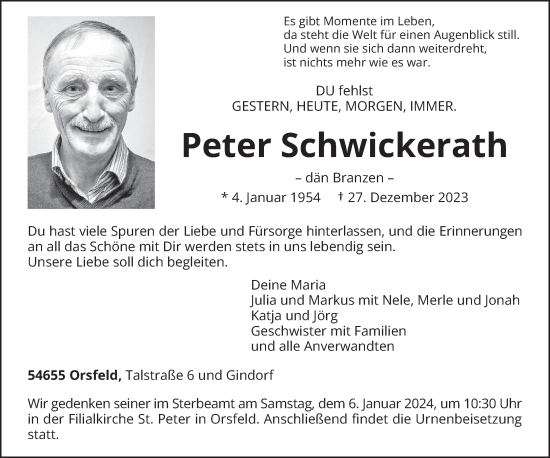 Traueranzeige von Peter Schwickerath von trierischer_volksfreund
