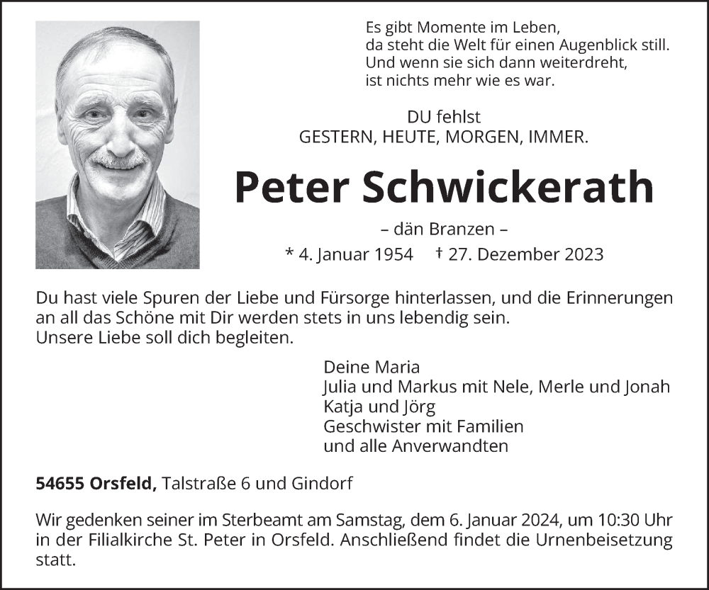  Traueranzeige für Peter Schwickerath vom 30.12.2023 aus trierischer_volksfreund