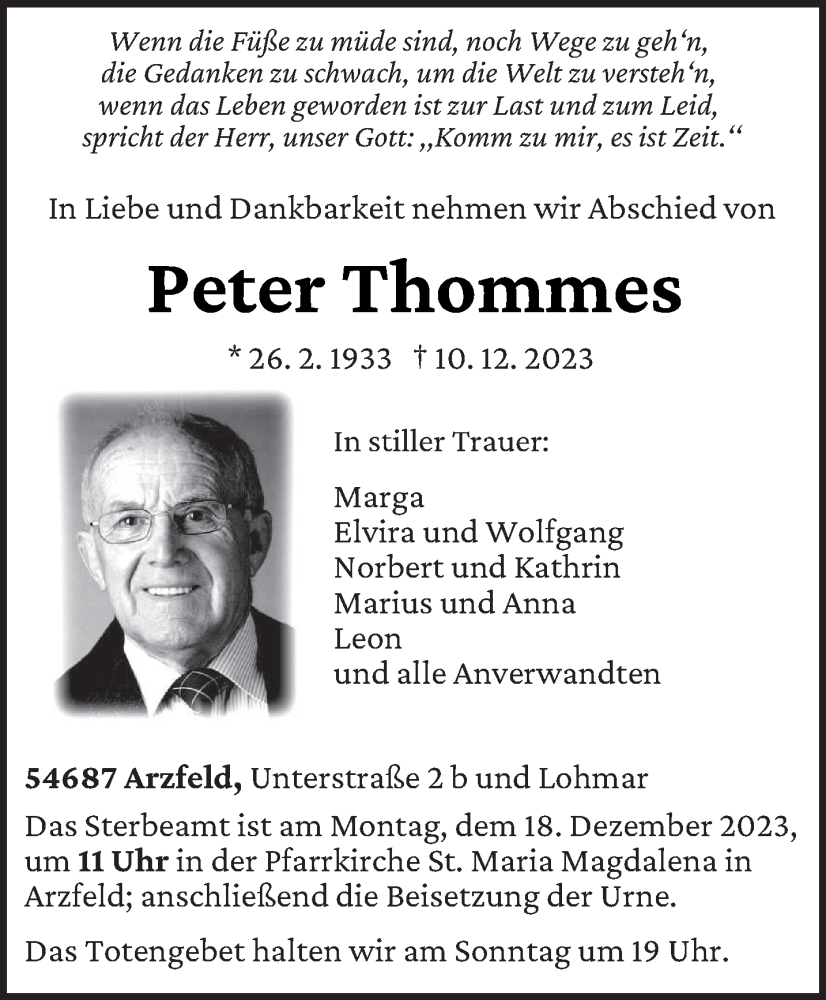  Traueranzeige für Peter Thommes vom 13.12.2023 aus trierischer_volksfreund