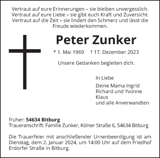 Traueranzeige von Peter Zunker von trierischer_volksfreund