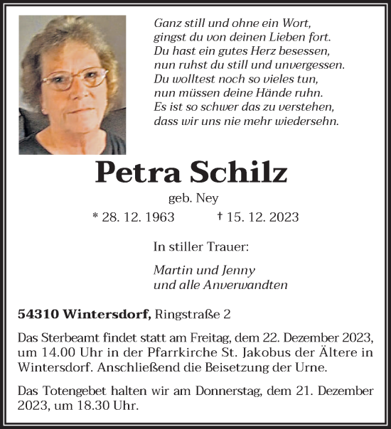Traueranzeige von Petra Schilz von trierischer_volksfreund