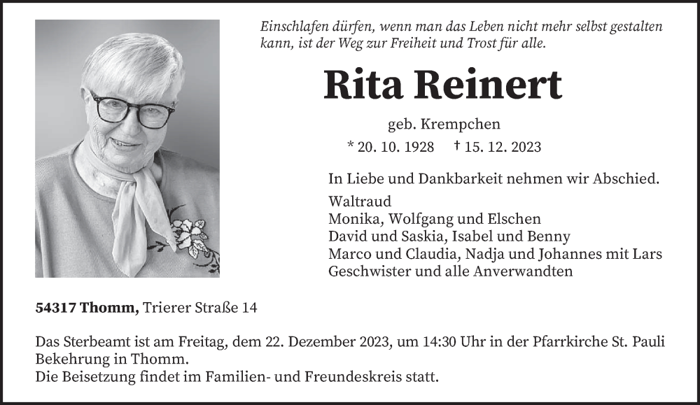  Traueranzeige für Rita Reinert vom 20.12.2023 aus trierischer_volksfreund
