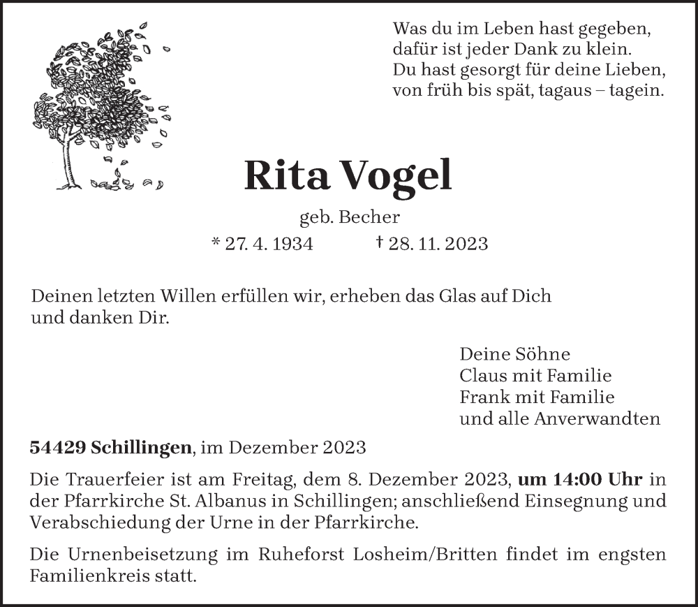  Traueranzeige für Rita Vogel vom 06.12.2023 aus trierischer_volksfreund