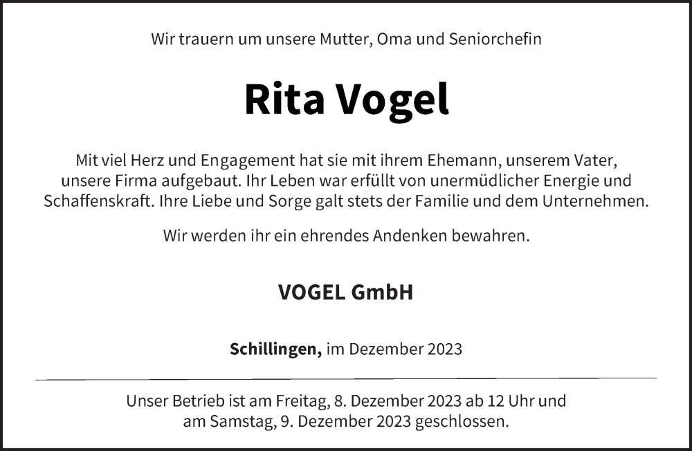  Traueranzeige für Rita Vogel vom 06.12.2023 aus trierischer_volksfreund