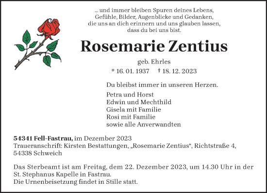 Traueranzeige von Rosemarie Zentius von trierischer_volksfreund