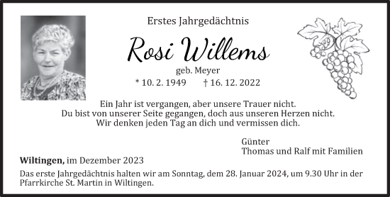 Traueranzeige von Rosi Willems von trierischer_volksfreund