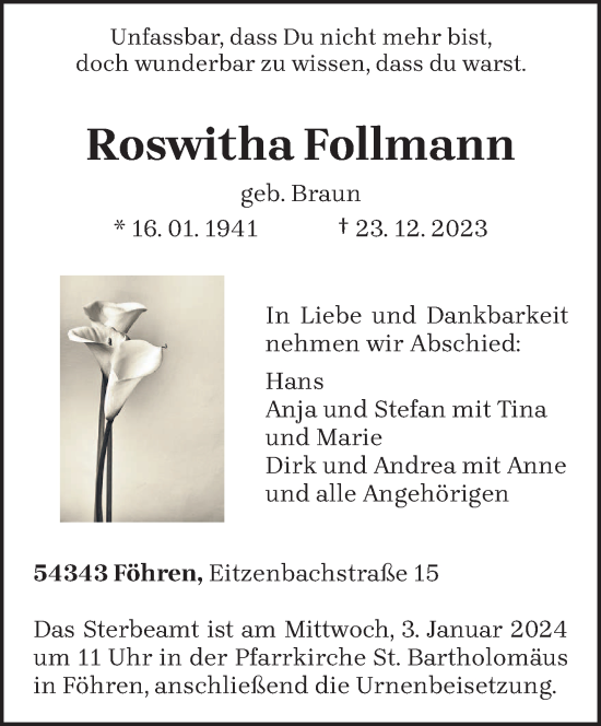 Traueranzeige von Roswitha Follmann von trierischer_volksfreund