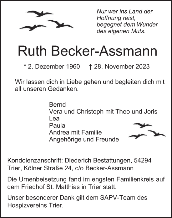 Traueranzeige von Ruth Becker-Assmann von trierischer_volksfreund
