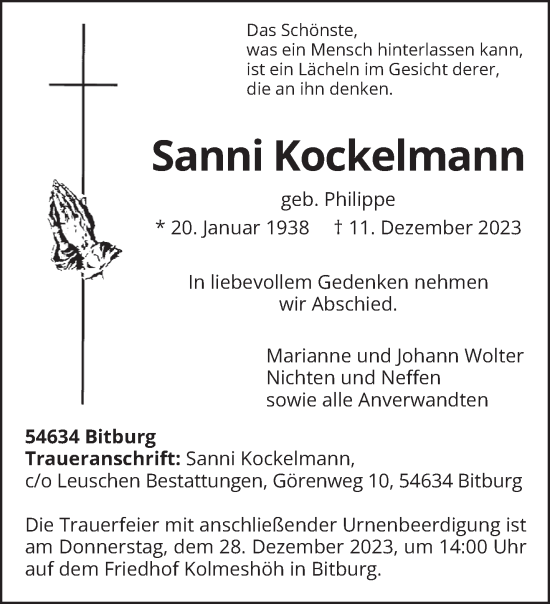 Traueranzeige von Sanni Kockelmann von trierischer_volksfreund