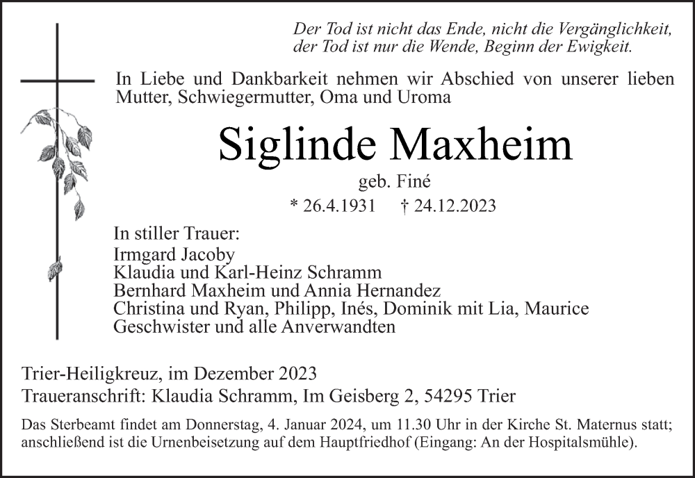  Traueranzeige für Siglinde Maxheim vom 30.12.2023 aus trierischer_volksfreund