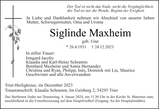 Traueranzeige von Siglinde Maxheim von trierischer_volksfreund