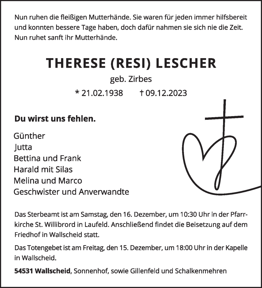  Traueranzeige für Therese Lescher vom 13.12.2023 aus trierischer_volksfreund
