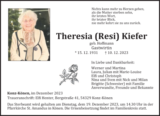 Traueranzeige von Theresia Kiefer von trierischer_volksfreund