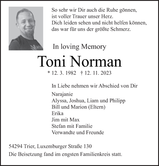 Traueranzeige von Toni Norman von trierischer_volksfreund