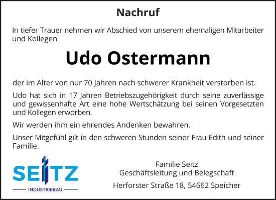 Traueranzeige von Udo Ostermann von trierischer_volksfreund