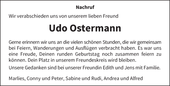 Traueranzeige von Udo Ostermann von trierischer_volksfreund