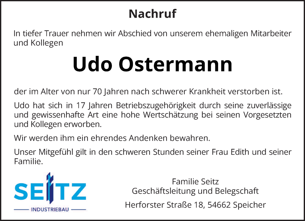 Traueranzeigen Von Udo Ostermann Volksfreundtrauerde 2329