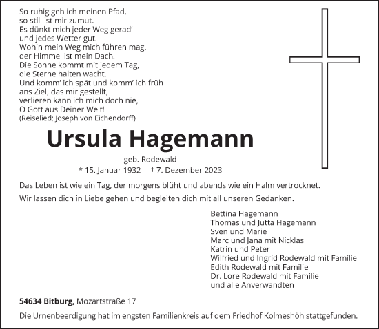 Traueranzeige von Ursula Hagemann von trierischer_volksfreund