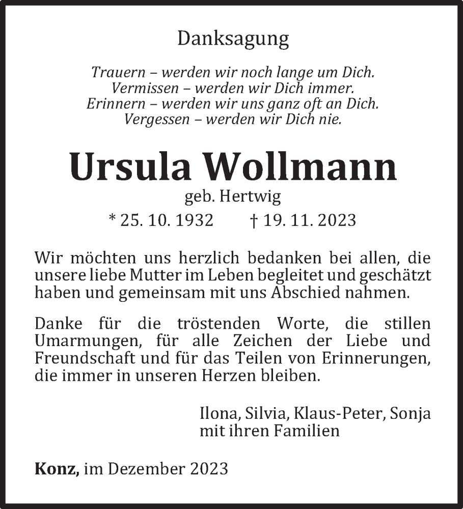  Traueranzeige für Ursula Wollmann vom 30.12.2023 aus trierischer_volksfreund