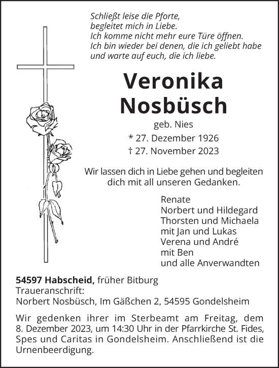 Traueranzeige von Veronika Nosbüsch von trierischer_volksfreund