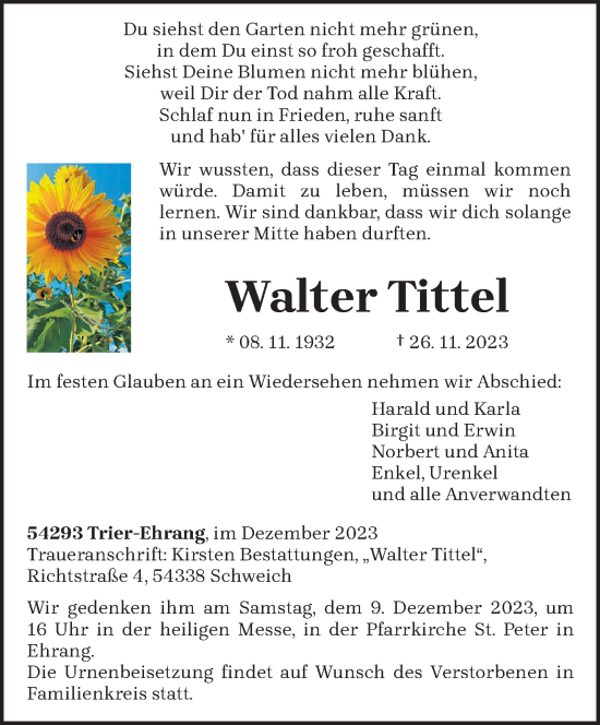 Traueranzeige von Walter Tittel von trierischer_volksfreund