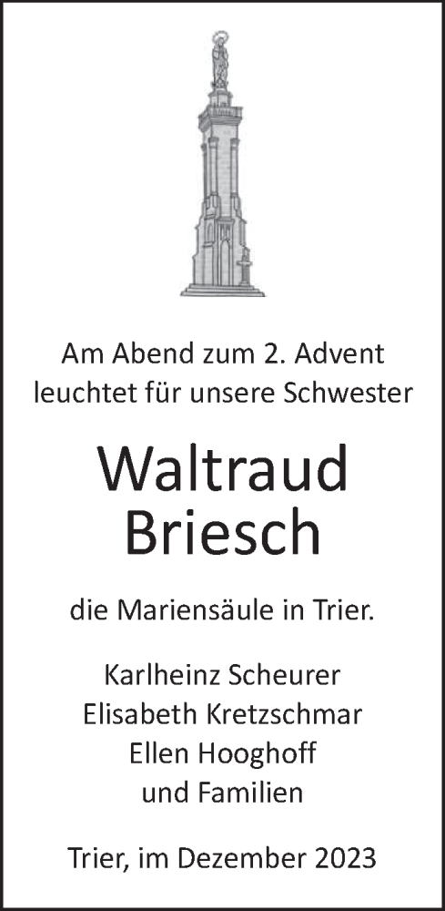  Traueranzeige für Waltraud Briesch vom 06.12.2023 aus trierischer_volksfreund