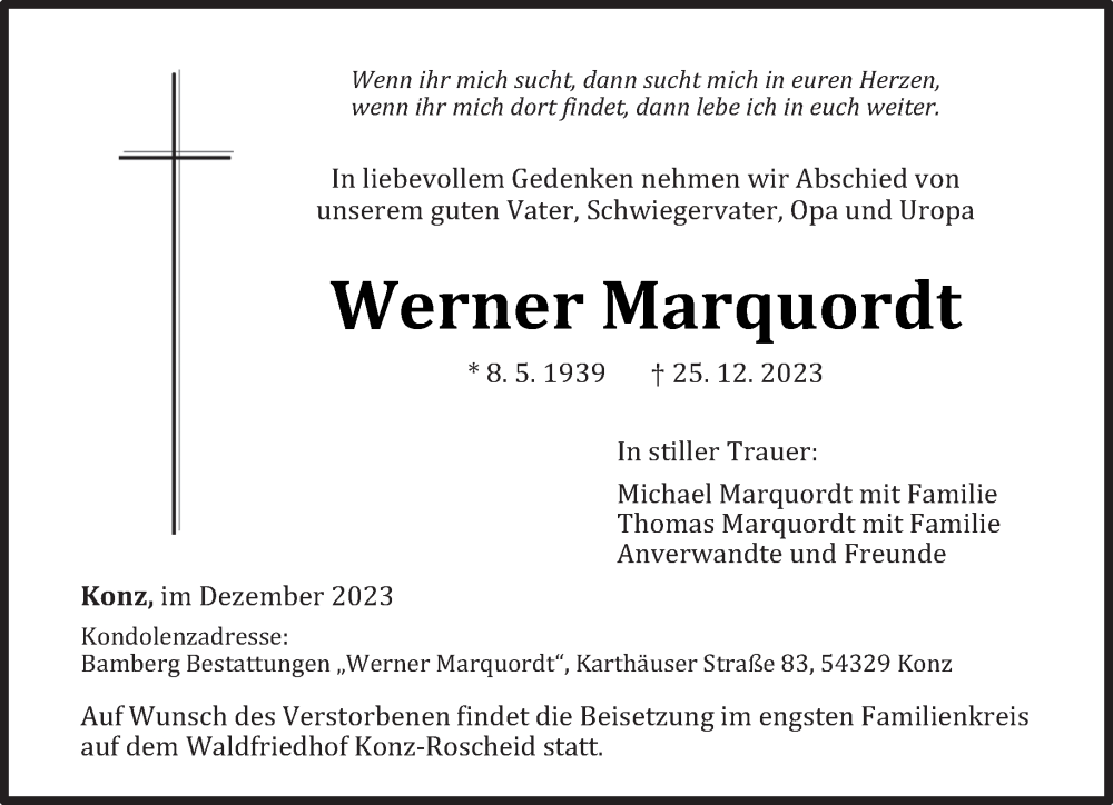  Traueranzeige für Werner Marquordt vom 30.12.2023 aus trierischer_volksfreund