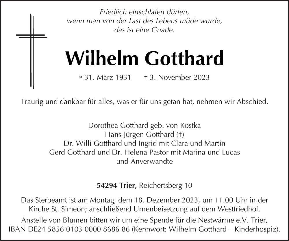  Traueranzeige für Wilhelm Gotthard vom 13.12.2023 aus trierischer_volksfreund