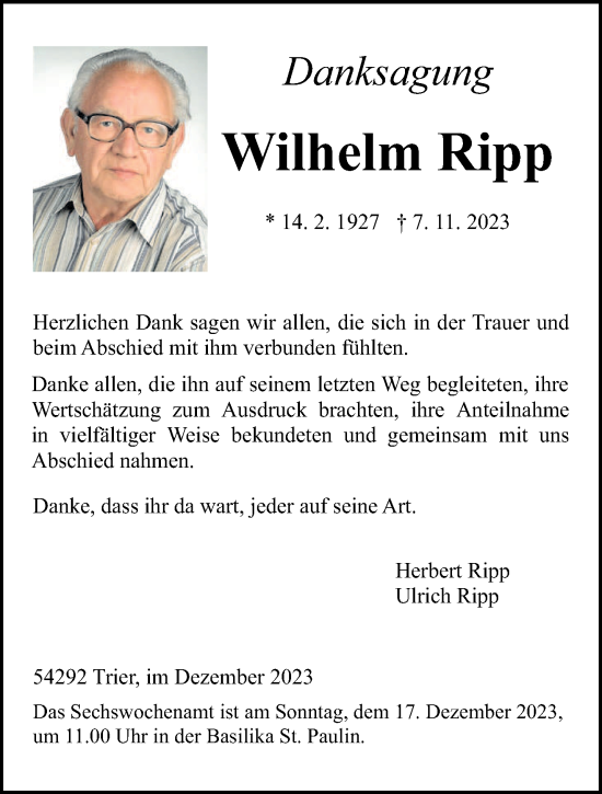 Traueranzeige von Wilhelm Ripp von trierischer_volksfreund