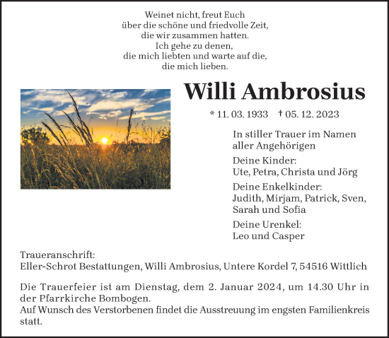 Traueranzeige von Willi Ambrosius von trierischer_volksfreund