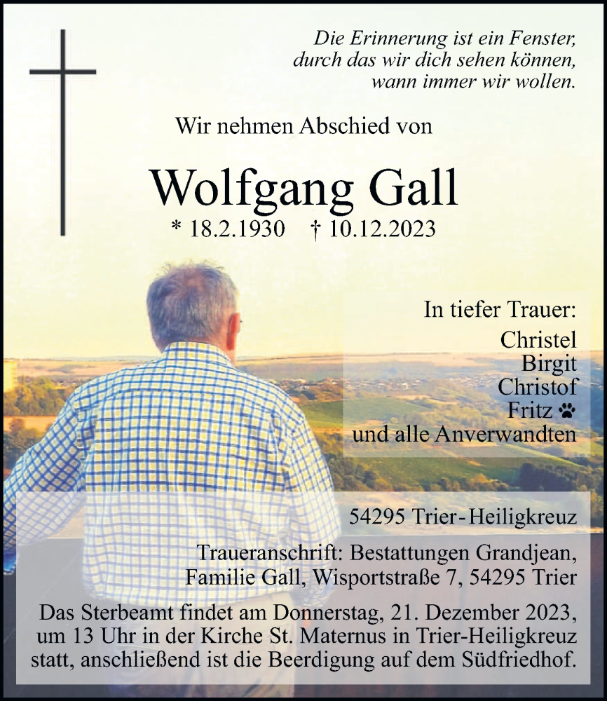  Traueranzeige für Wolfgang Gall vom 16.12.2023 aus trierischer_volksfreund
