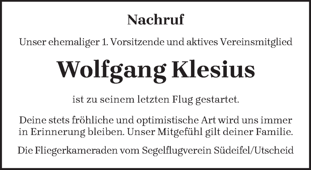  Traueranzeige für Wolfgang Klesius vom 23.12.2023 aus trierischer_volksfreund